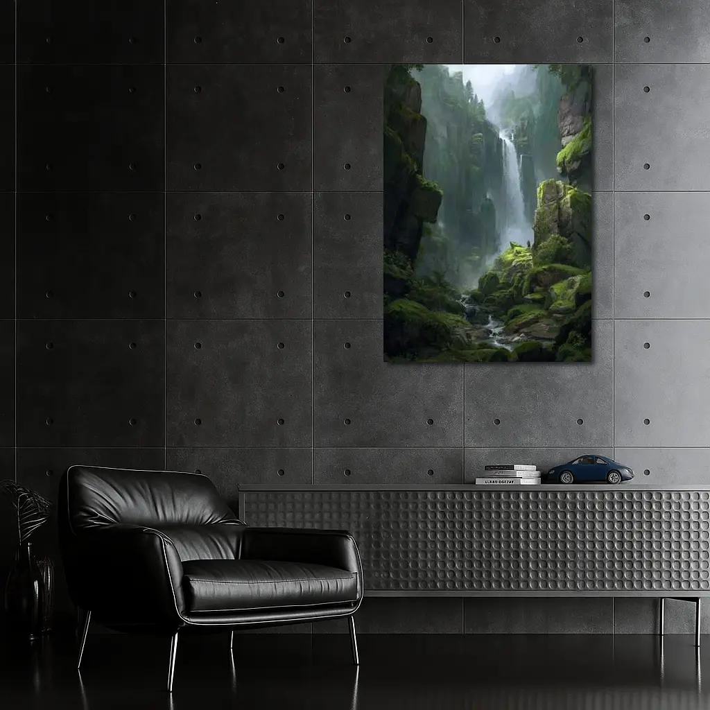 Fantasy Waterfall Gorge Mossy Cliff Figure – Wall Art