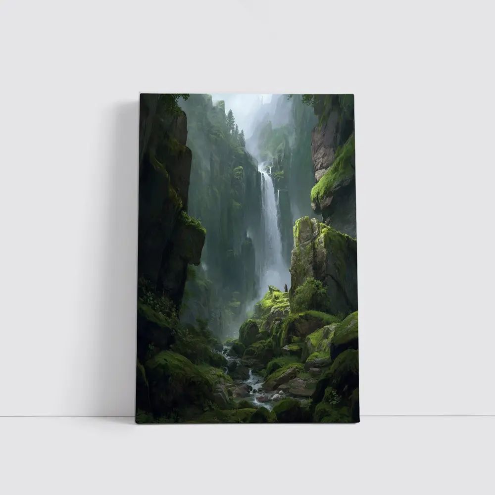 Fantasy Waterfall Gorge Mossy Cliff Figure – Wall Art