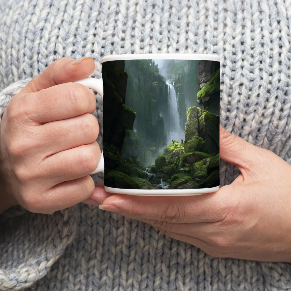 Fantasy Waterfall Gorge Mossy Cliff Figure – Mugs