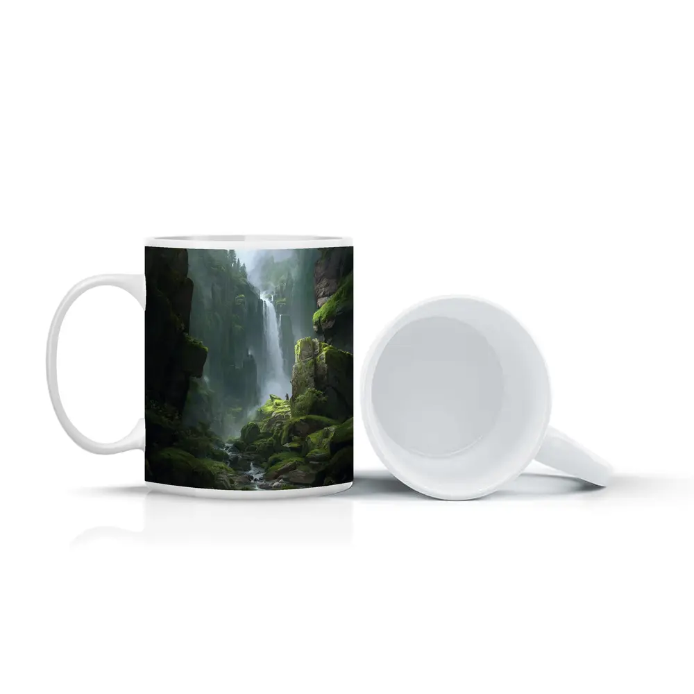 Fantasy Waterfall Gorge Mossy Cliff Figure – Mugs