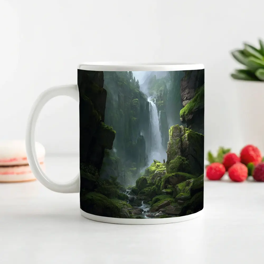 Fantasy Waterfall Gorge Mossy Cliff Figure – Mugs