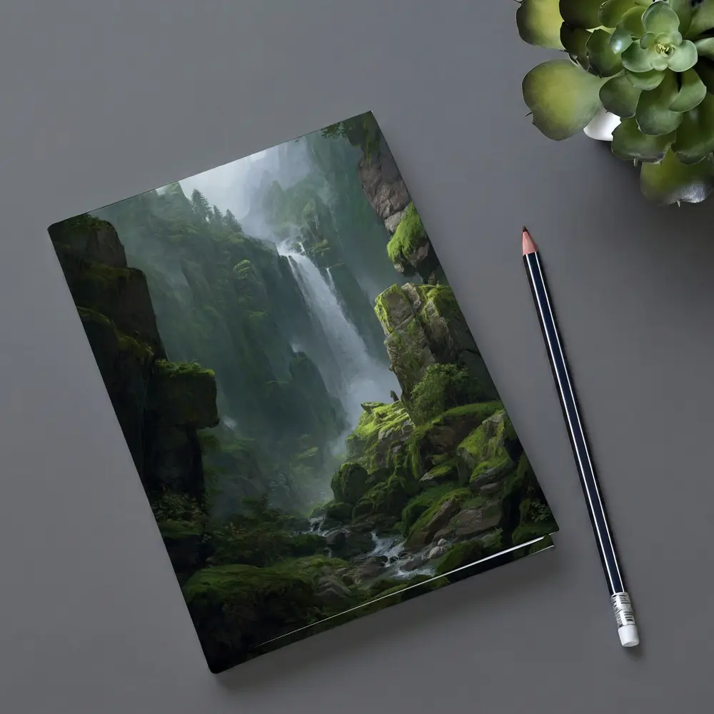 Fantasy Waterfall Gorge Mossy Cliff Figure – Notebooks
