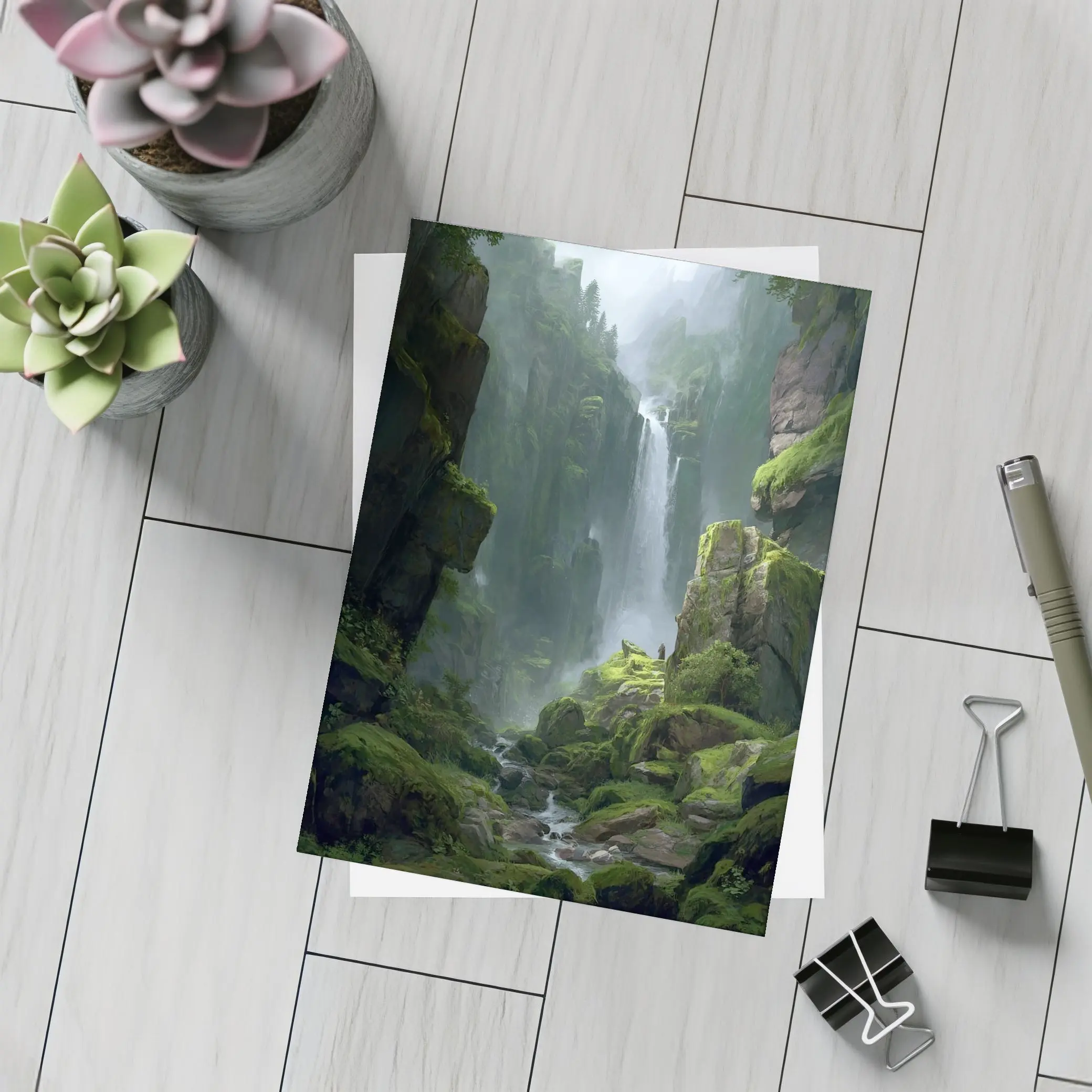 Fantasy Waterfall Gorge Mossy Cliff Figure – Postcards
