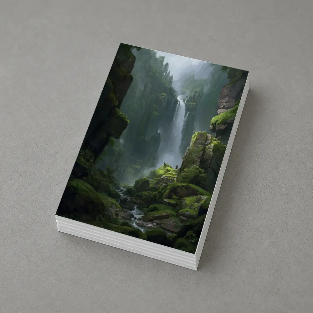 Fantasy Waterfall Gorge Mossy Cliff Figure – Postcards