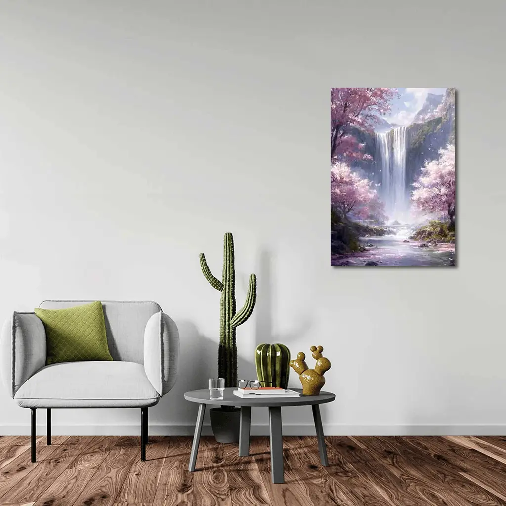 Cherry Blossom Waterfall Fantasy Landscape Art – Wall Art