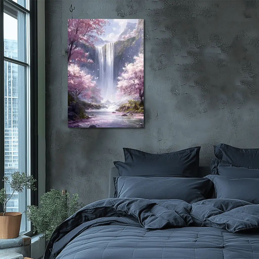 Cherry Blossom Waterfall Fantasy Landscape Art – Wall Art