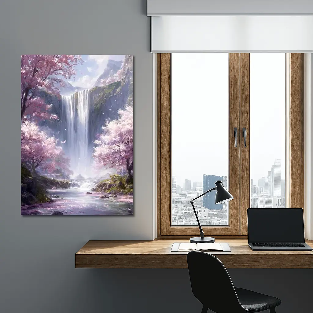 Cherry Blossom Waterfall Fantasy Landscape Art – Wall Art