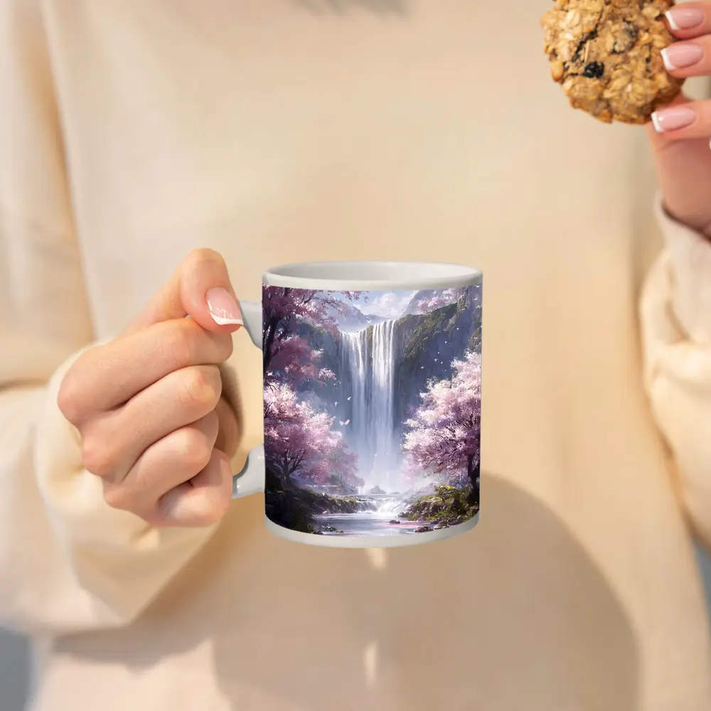 Cherry Blossom Waterfall Fantasy Landscape Art – Mugs