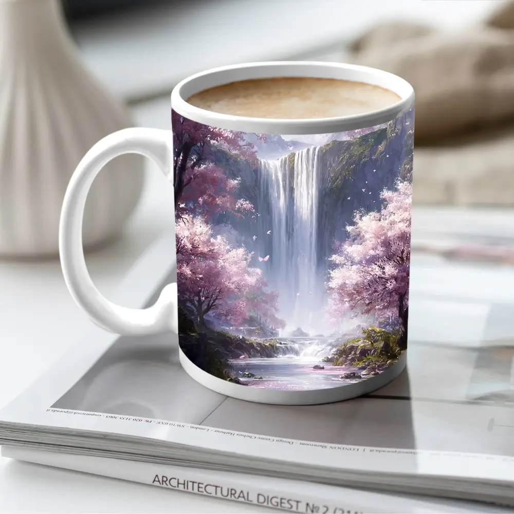 Cherry Blossom Waterfall Fantasy Landscape Art – Mugs
