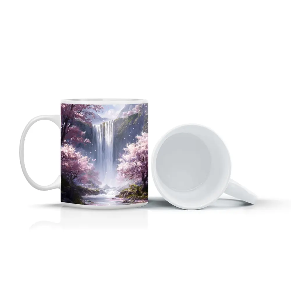 Cherry Blossom Waterfall Fantasy Landscape Art – Mugs