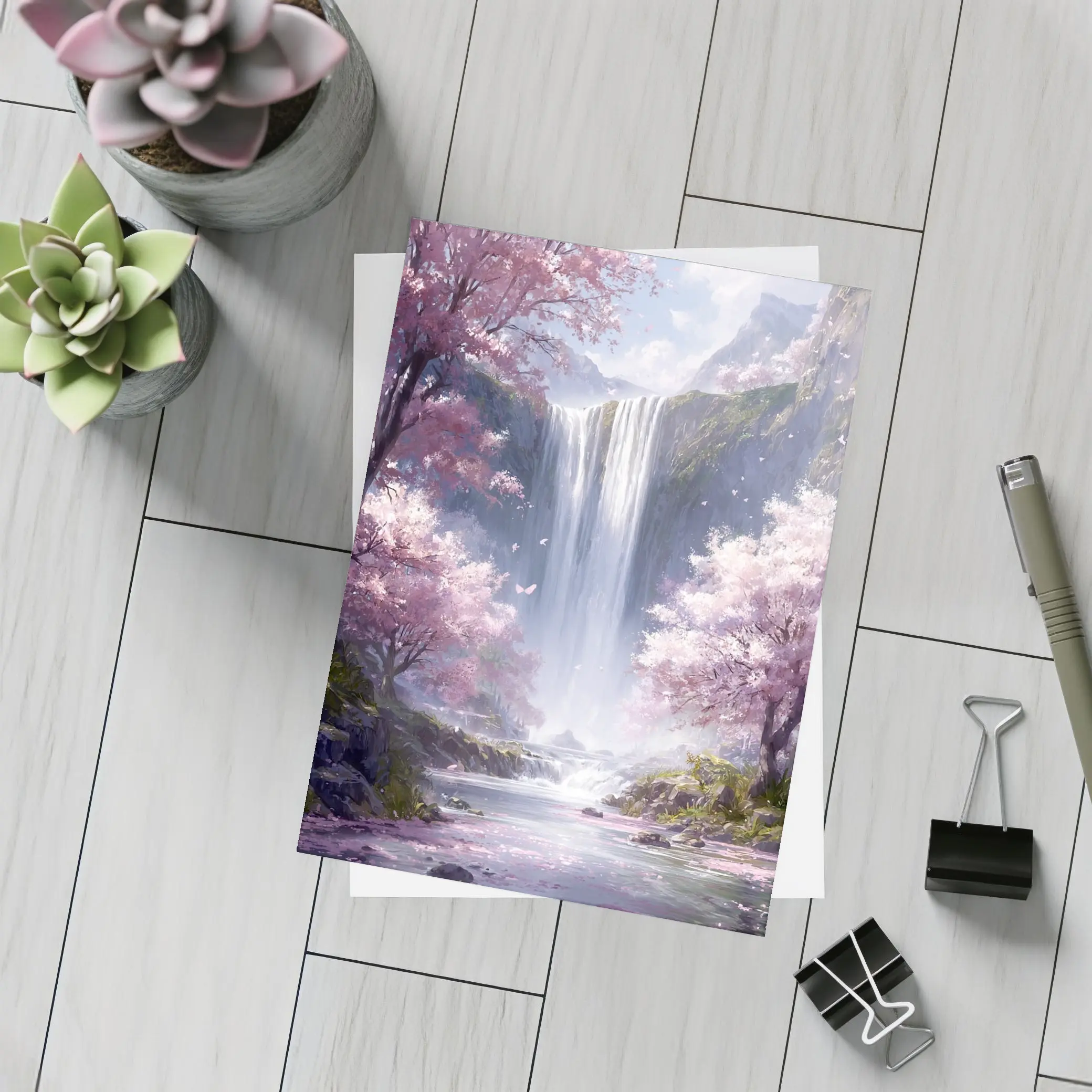 Cherry Blossom Waterfall Fantasy Landscape Art – Postcards