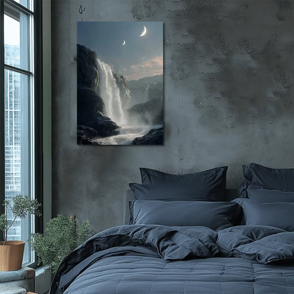 Waterfall Flowing Under Moonlit Night Sky – Wall Art
