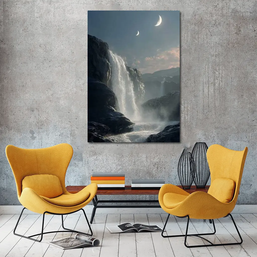 Waterfall Flowing Under Moonlit Night Sky – Wall Art