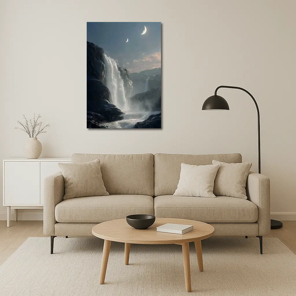 Waterfall Flowing Under Moonlit Night Sky – Wall Art