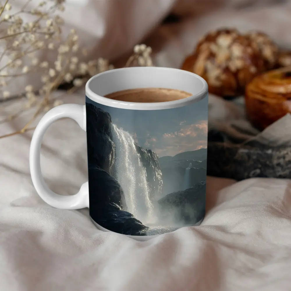 Waterfall Flowing Under Moonlit Night Sky – Mugs