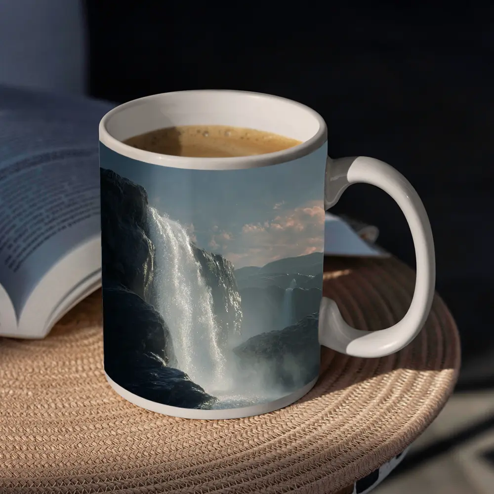 Waterfall Flowing Under Moonlit Night Sky – Mugs