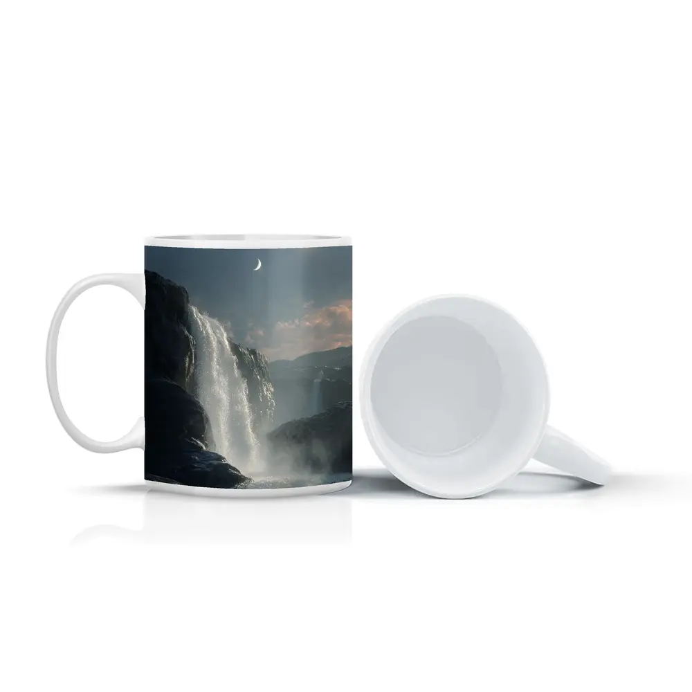 Waterfall Flowing Under Moonlit Night Sky – Mugs