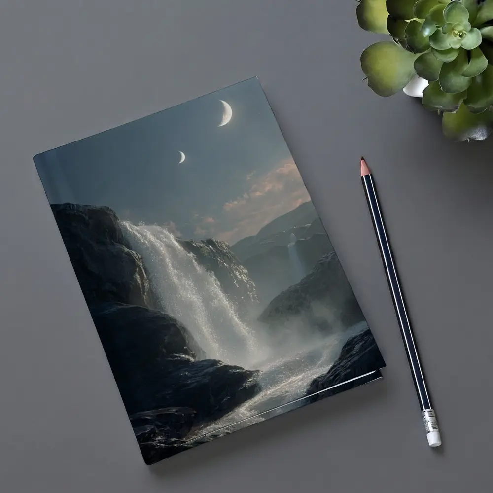 Waterfall Flowing Under Moonlit Night Sky – Notebooks