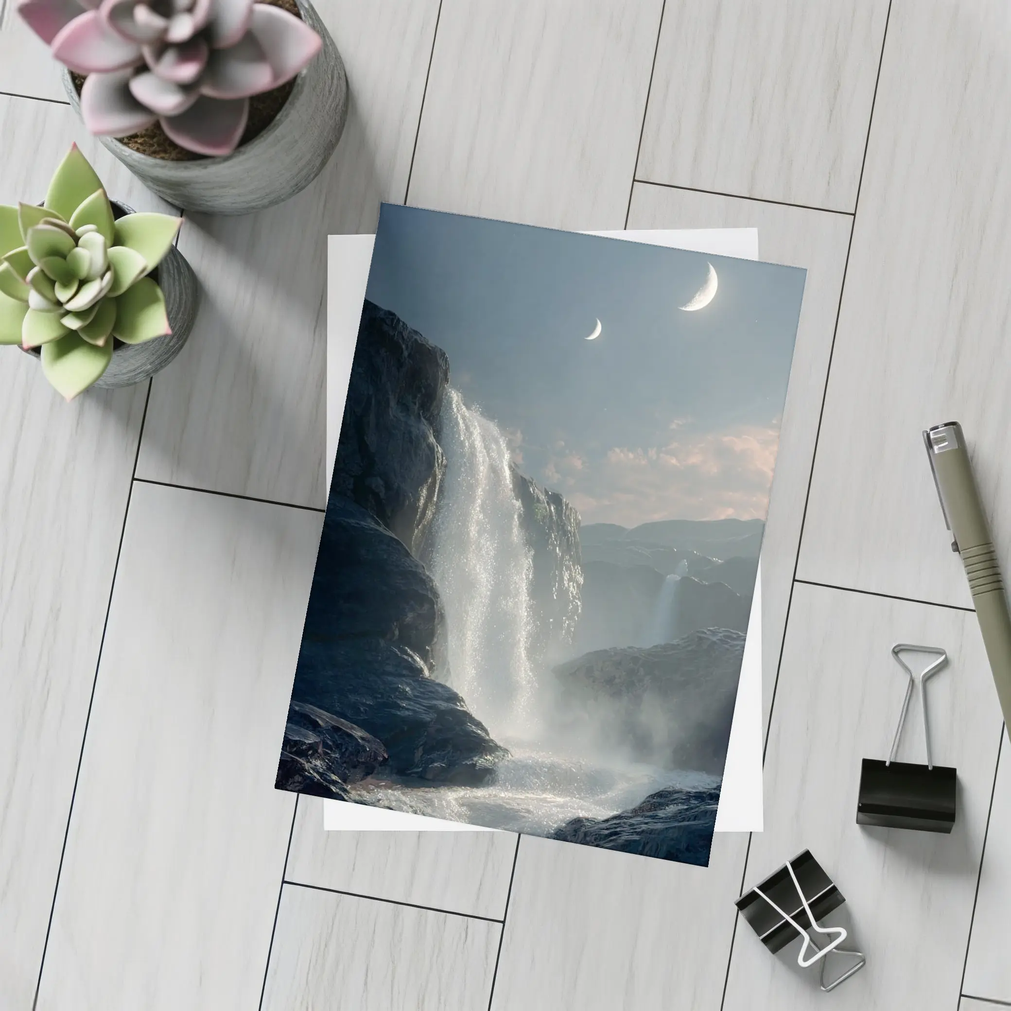 Waterfall Flowing Under Moonlit Night Sky – Postcards