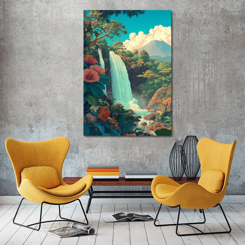 Tropical Waterfall Jungle Mountain Illustration Art – Wall Art