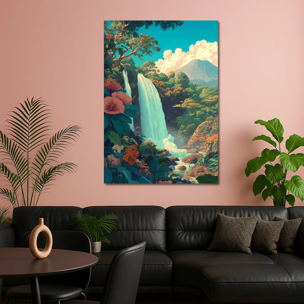 Tropical Waterfall Jungle Mountain Illustration Art – Wall Art