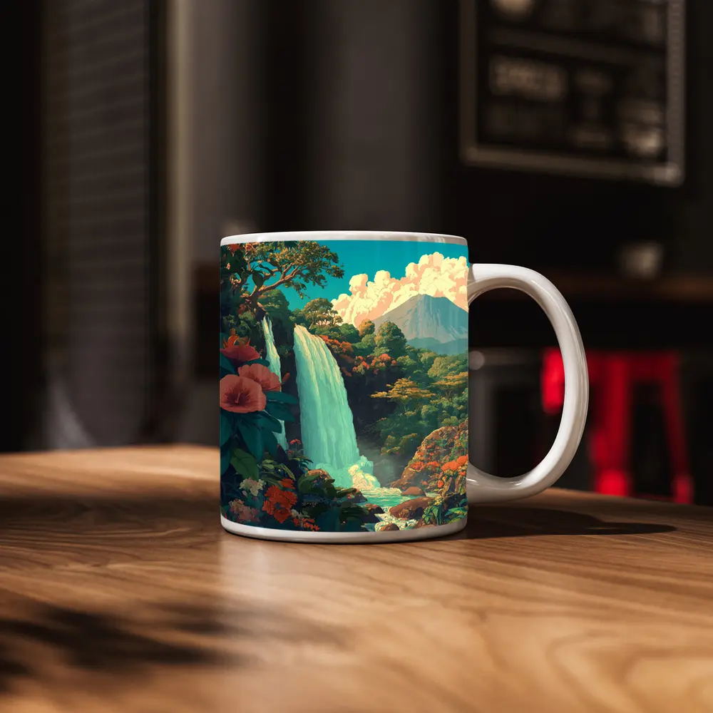 Tropical Waterfall Jungle Mountain Illustration Art – Mugs