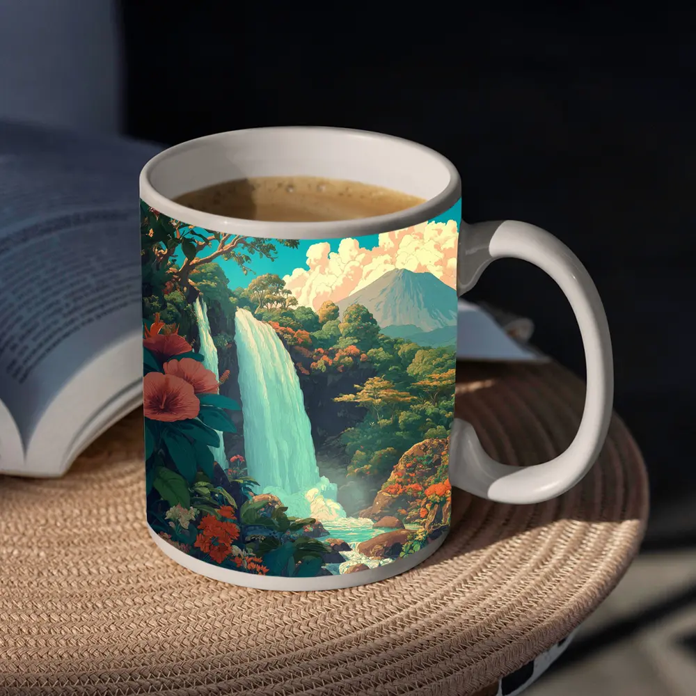 Tropical Waterfall Jungle Mountain Illustration Art – Mugs