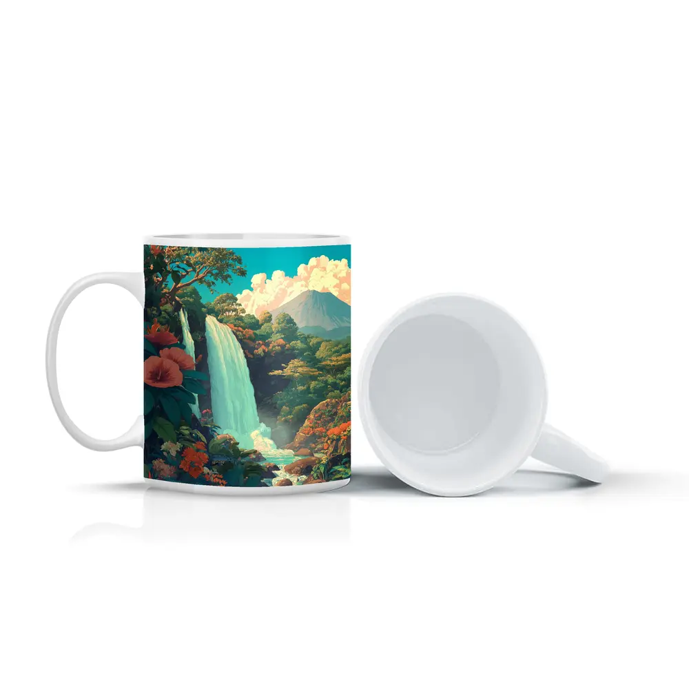 Tropical Waterfall Jungle Mountain Illustration Art – Mugs