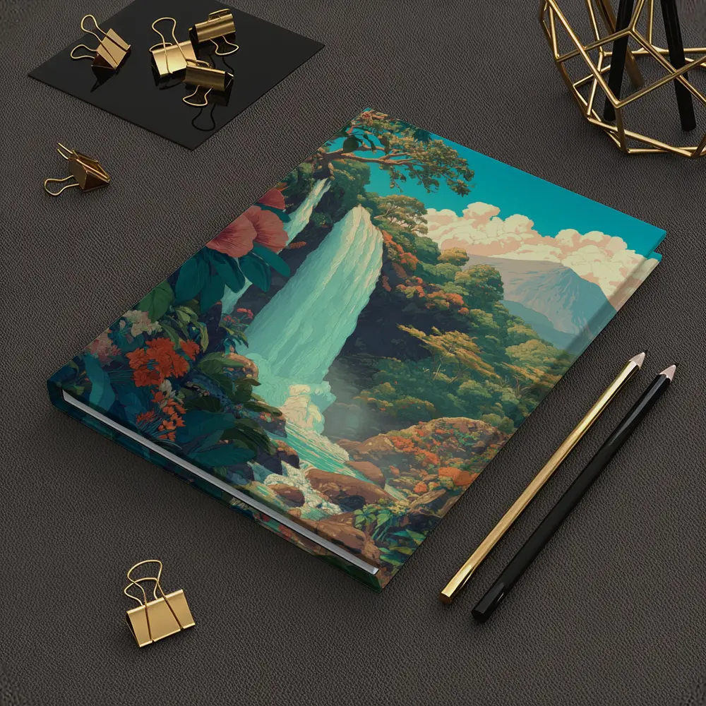 Tropical Waterfall Jungle Mountain Illustration Art – Notebooks