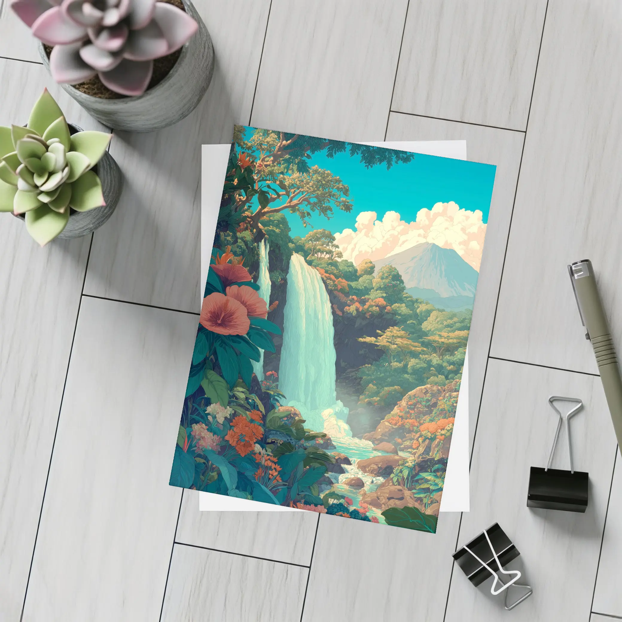 Tropical Waterfall Jungle Mountain Illustration Art – Postcards