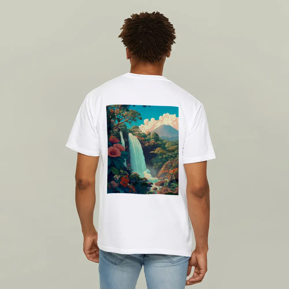 Tropical Waterfall Jungle Mountain Illustration Art – T-Shirts