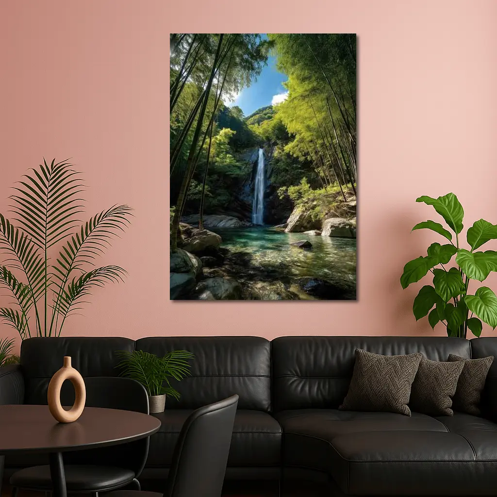 Bamboo Forest Waterfall Green Nature Scene – Wall Art