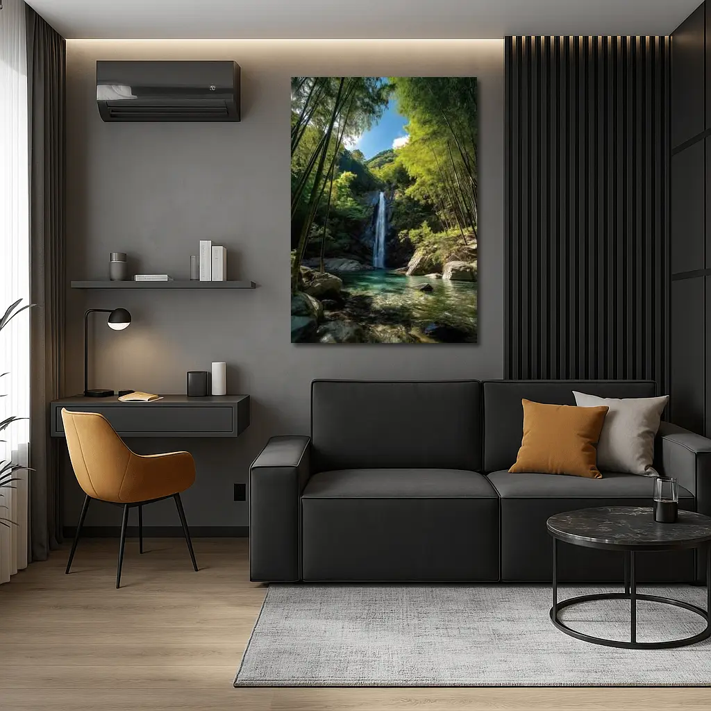 Bamboo Forest Waterfall Green Nature Scene – Wall Art
