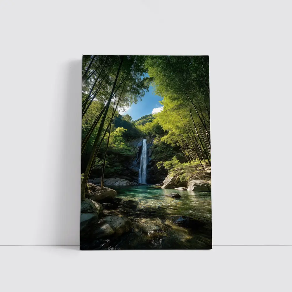 Bamboo Forest Waterfall Green Nature Scene – Wall Art