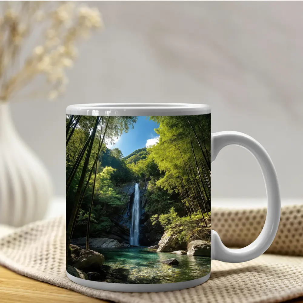 Bamboo Forest Waterfall Green Nature Scene – Mugs