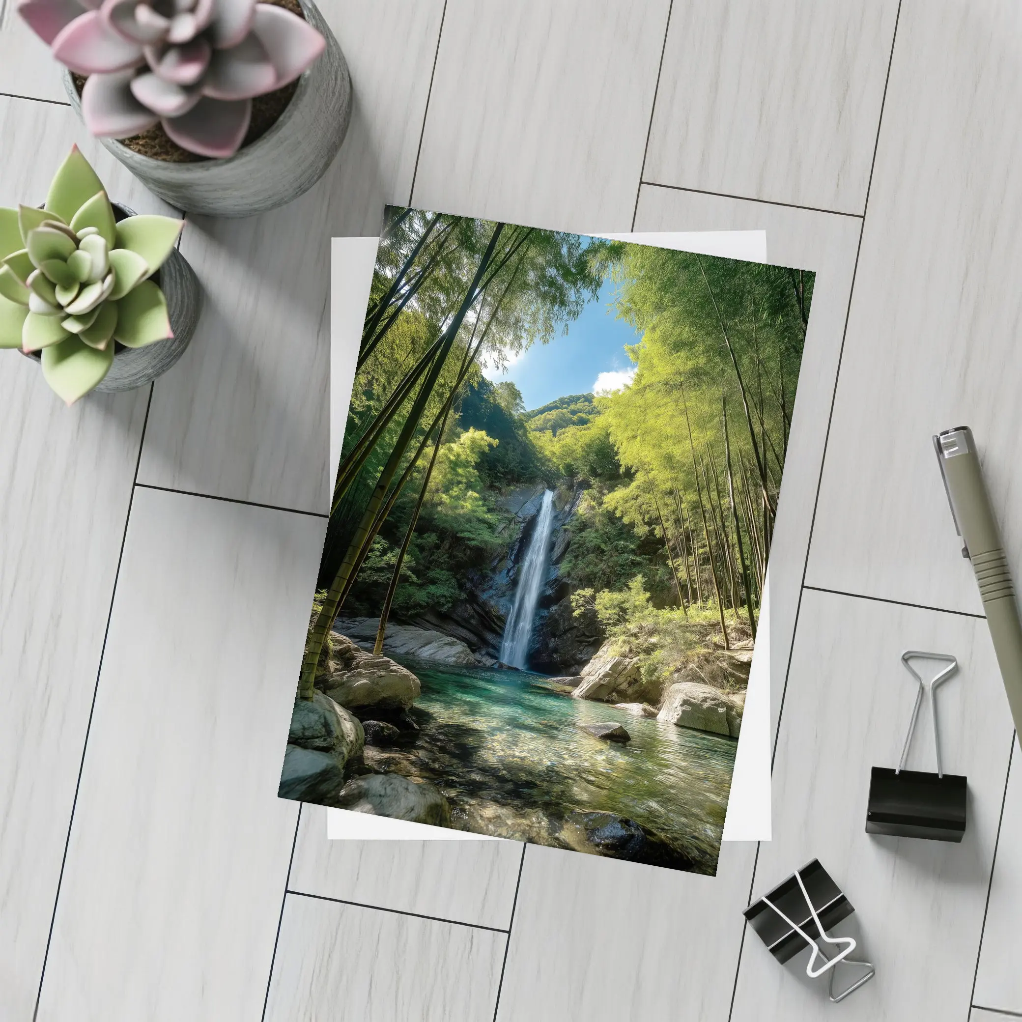 Bamboo Forest Waterfall Green Nature Scene – Postcards