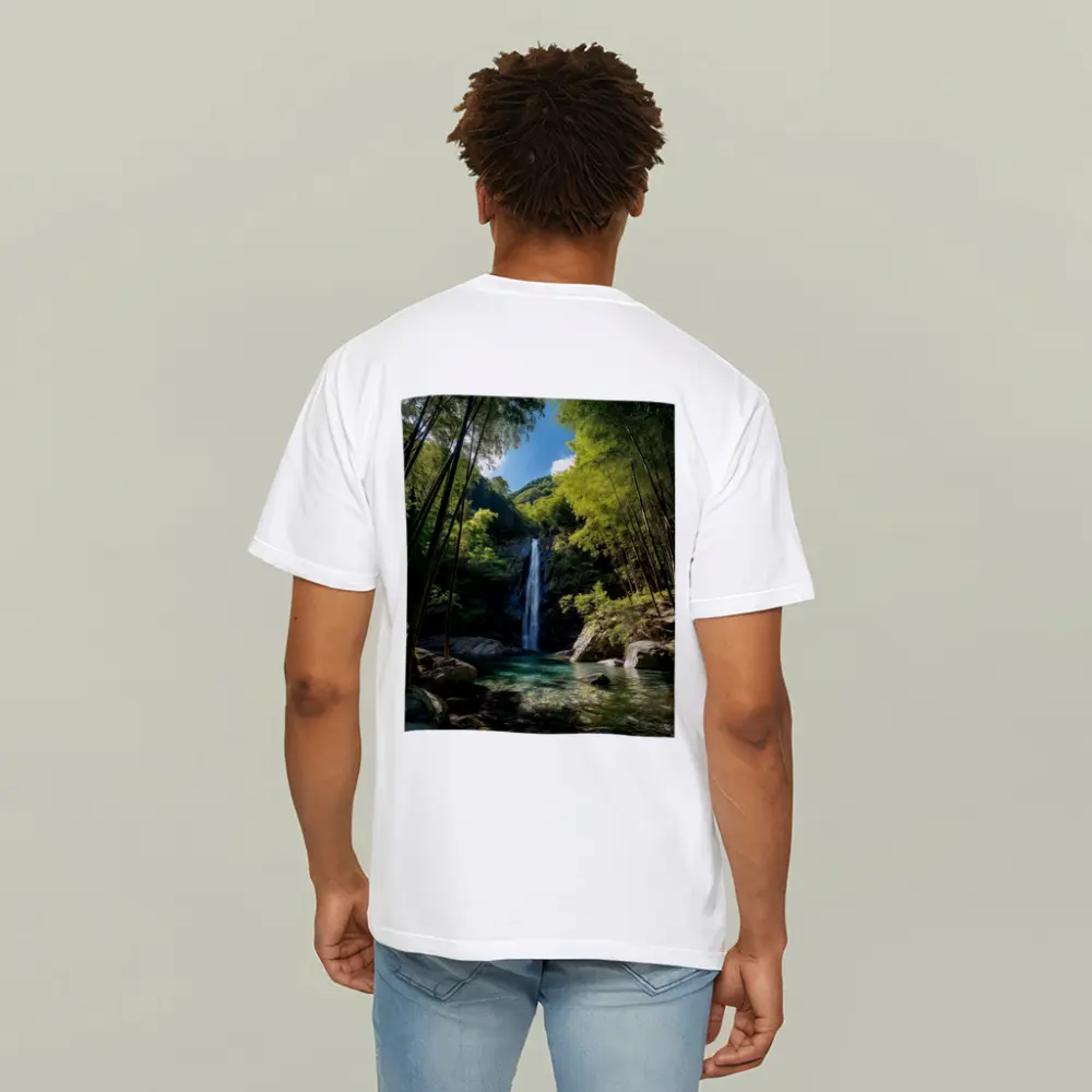 Bamboo Forest Waterfall Green Nature Scene – T-Shirts