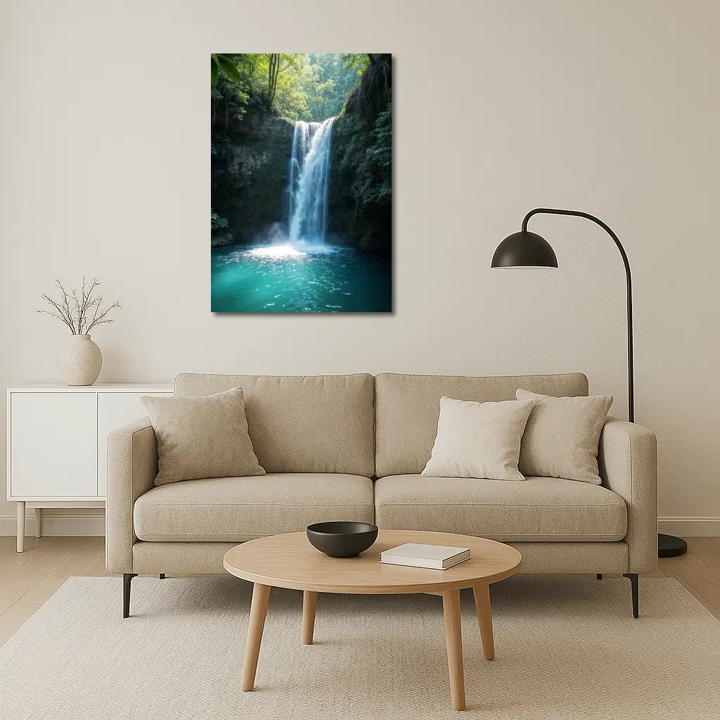 Tropical Waterfall Flowing Into Turquoise Pool – Wall Art