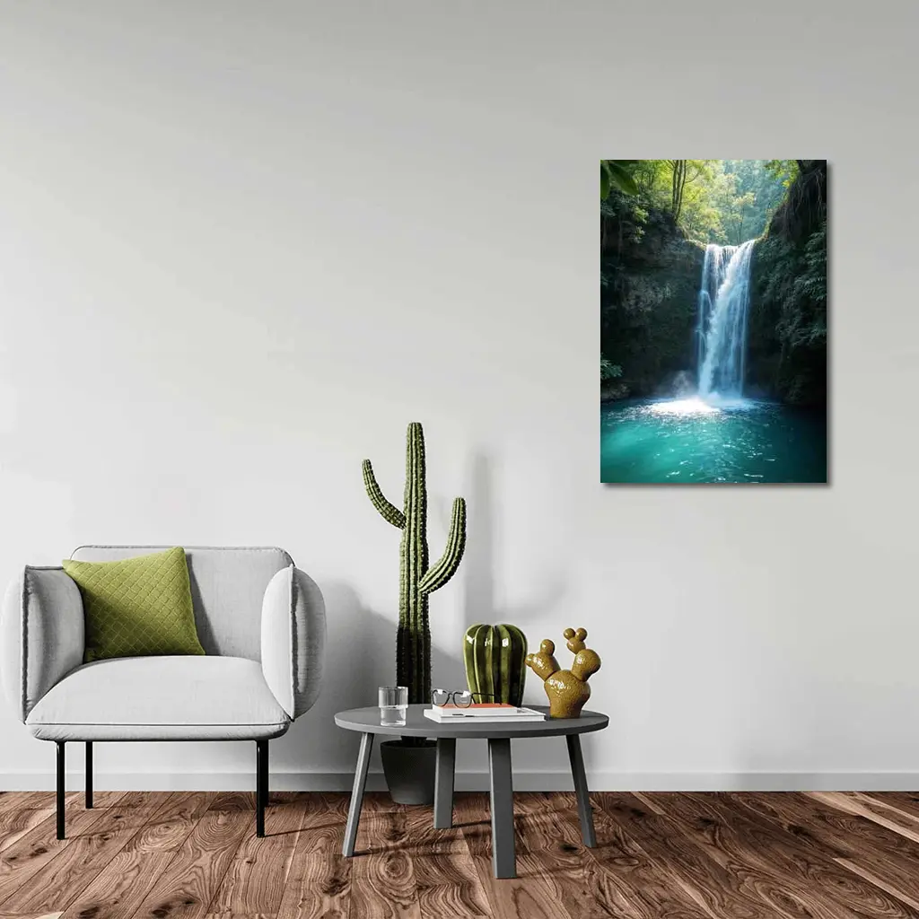Tropical Waterfall Flowing Into Turquoise Pool – Wall Art