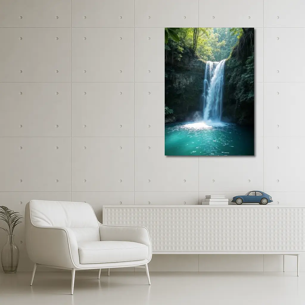 Tropical Waterfall Flowing Into Turquoise Pool – Wall Art