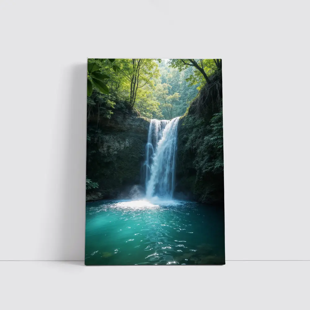 Tropical Waterfall Flowing Into Turquoise Pool – Wall Art