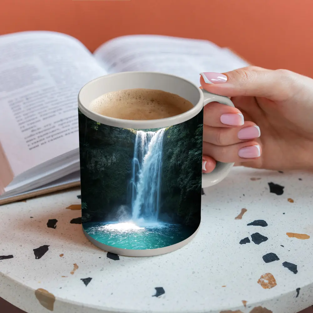 Tropical Waterfall Flowing Into Turquoise Pool – Mugs
