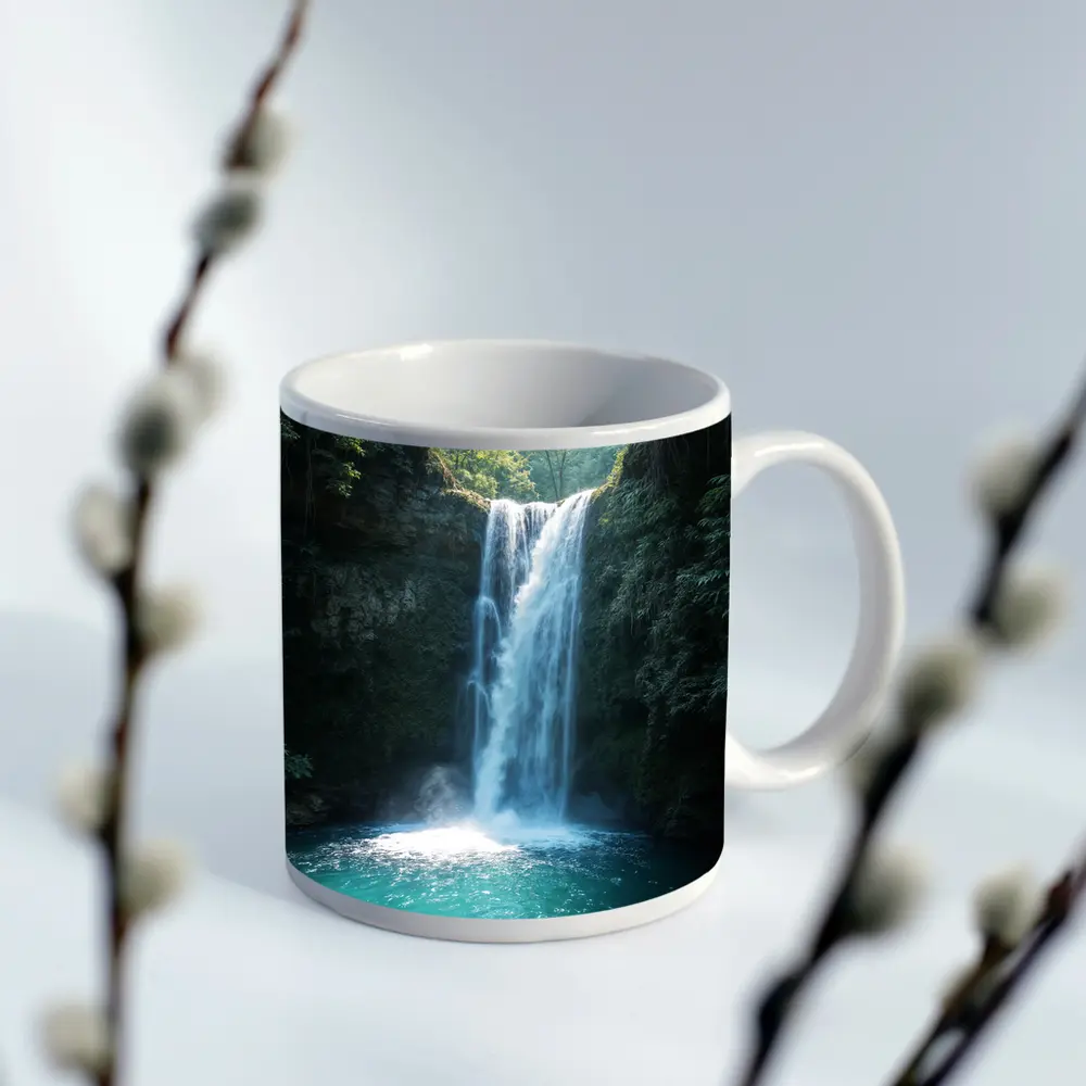 Tropical Waterfall Flowing Into Turquoise Pool – Mugs