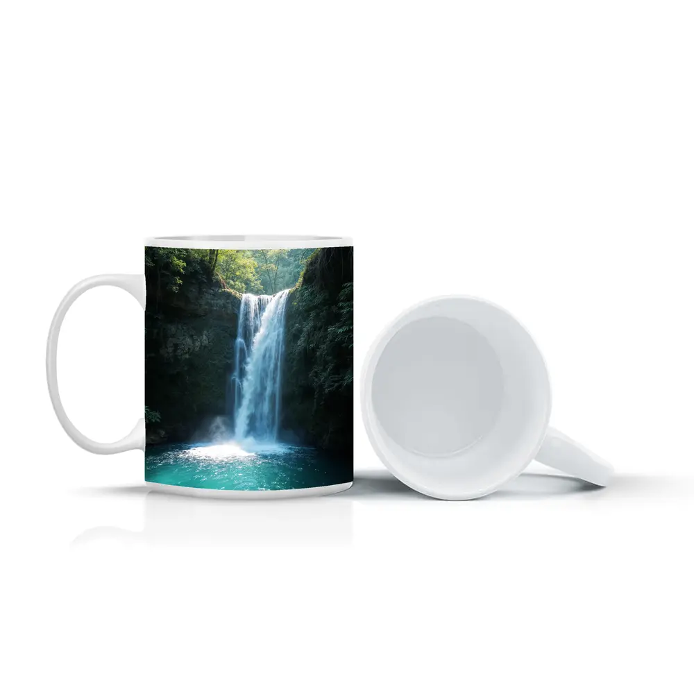 Tropical Waterfall Flowing Into Turquoise Pool – Mugs