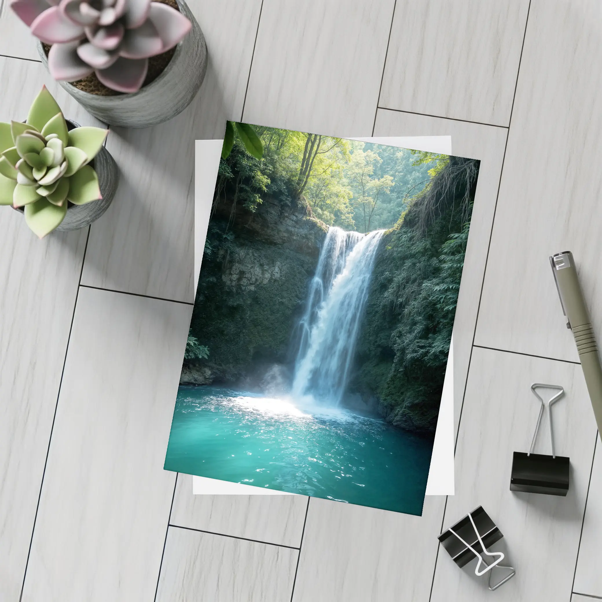 Tropical Waterfall Flowing Into Turquoise Pool – Postcards