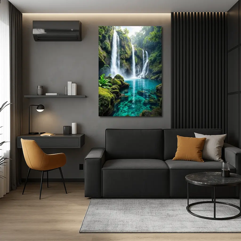 Tropical Waterfall Flowing Into Turquoise Pool – Wall Art