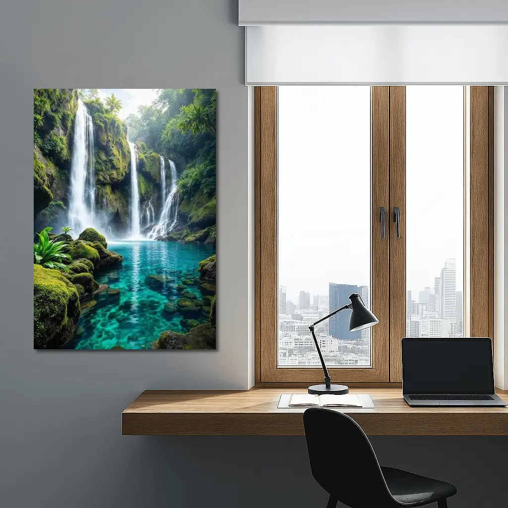 Tropical Waterfall Flowing Into Turquoise Pool – Wall Art