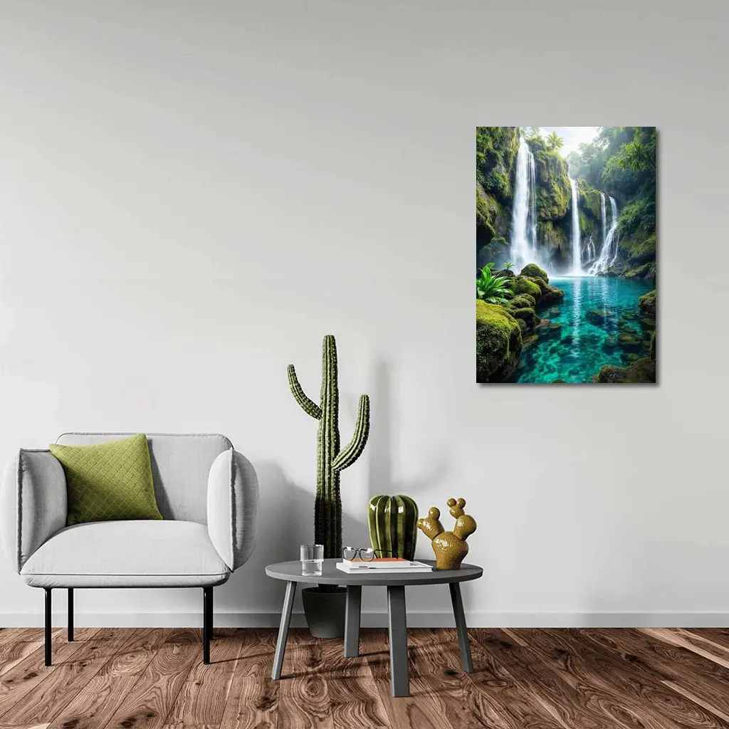 Tropical Waterfall Flowing Into Turquoise Pool – Wall Art