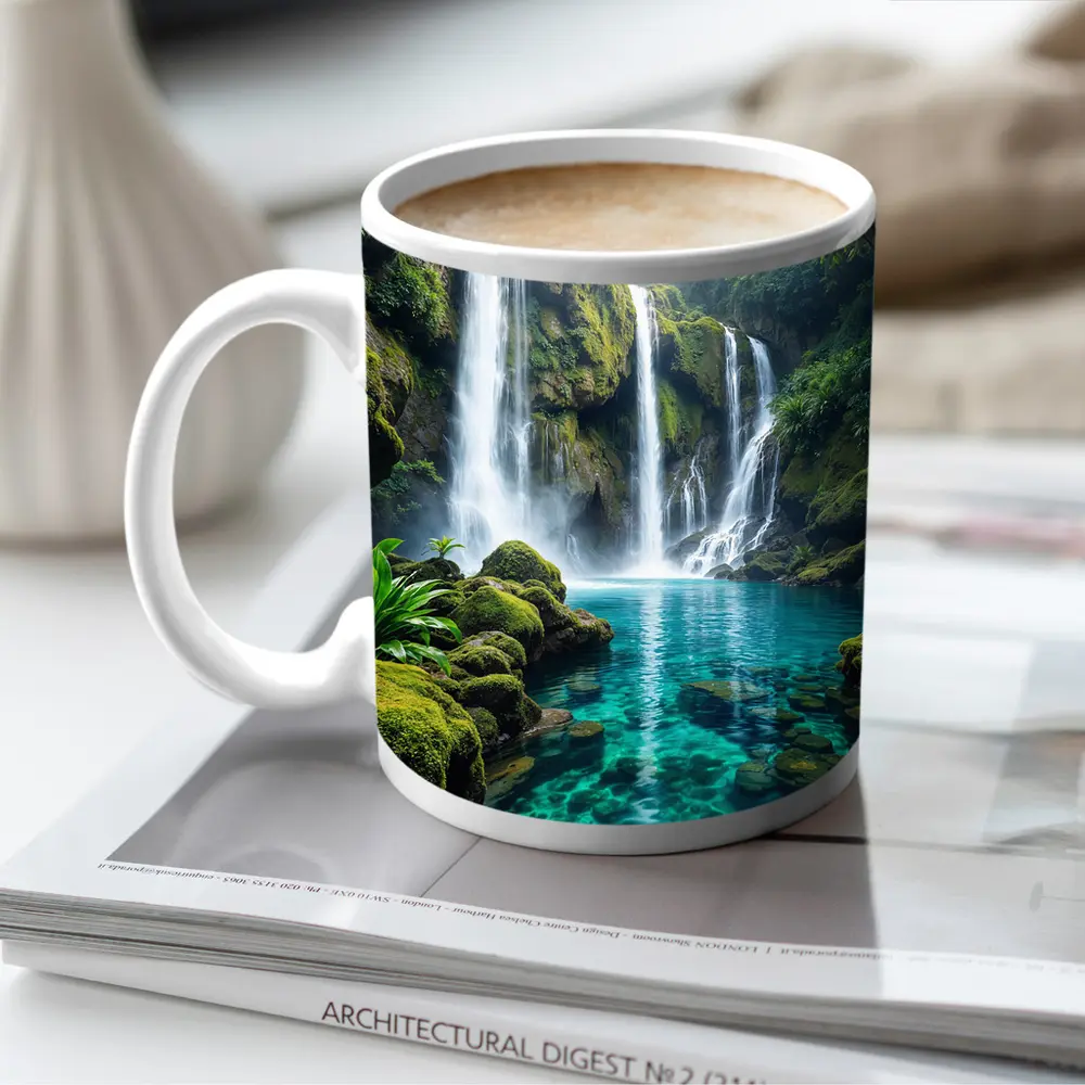Tropical Waterfall Flowing Into Turquoise Pool – Mugs