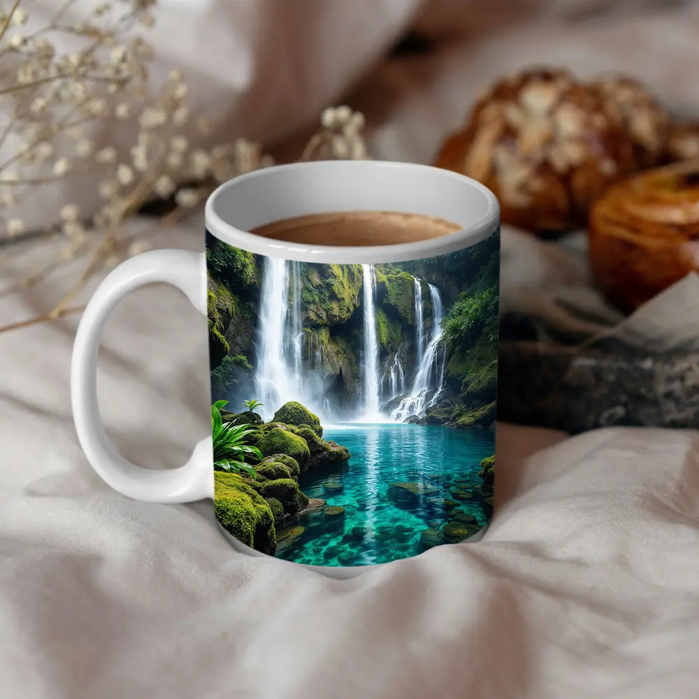 Tropical Waterfall Flowing Into Turquoise Pool – Mugs